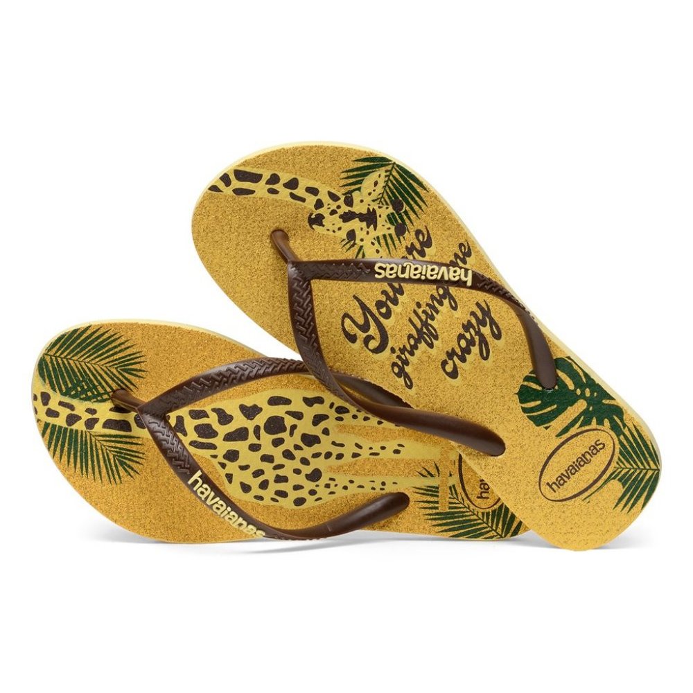 NWT HAVAIANAS  YELLOW GIRAFFING ME CRAZY GLITTER LITTLE AND BIG KIDS FLIP FLOPS